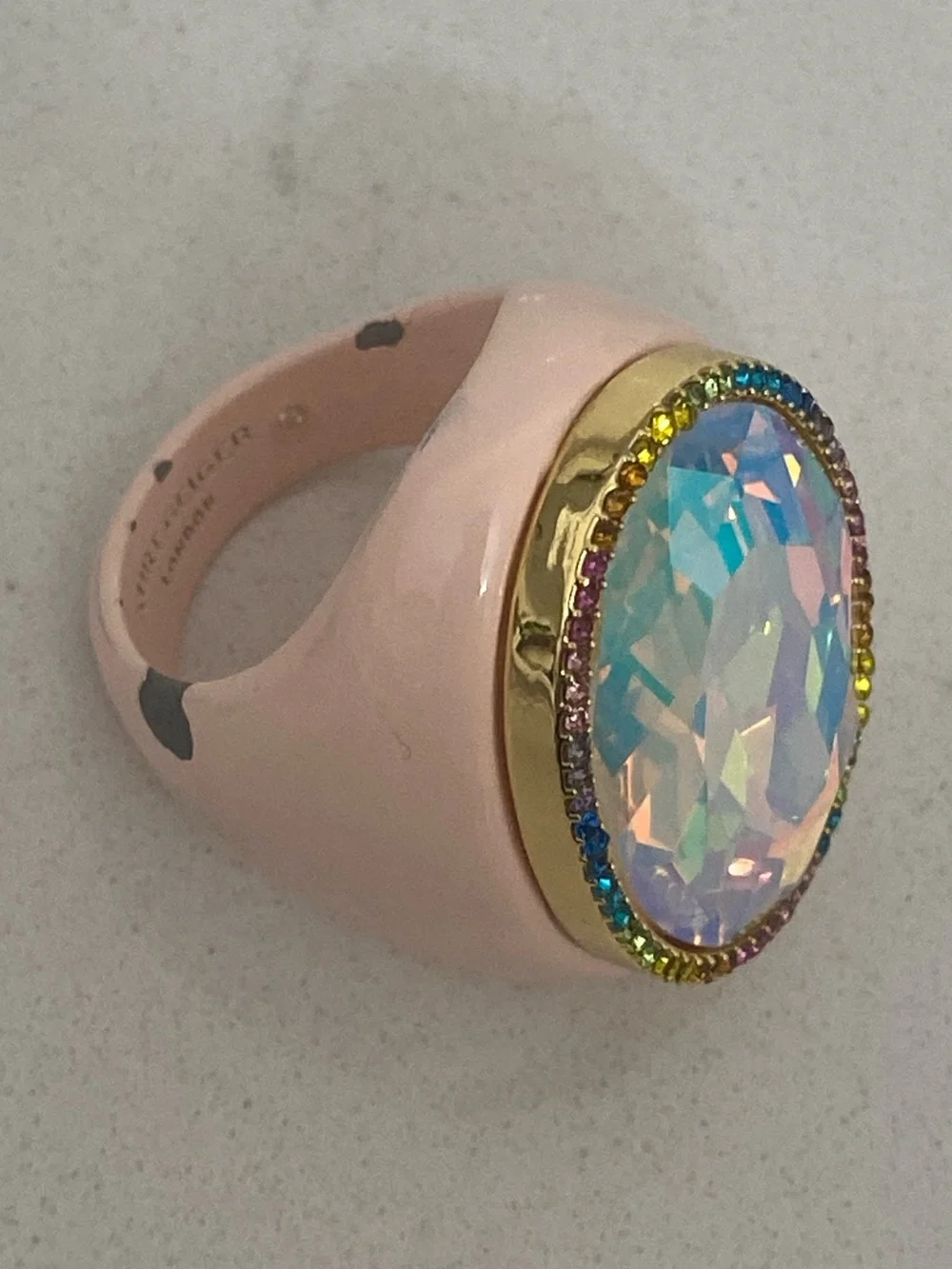 Kurt Geiger Oval Stone Cocktail Ring Pink Enamel Rainbow Halo Iridescent Stone 9